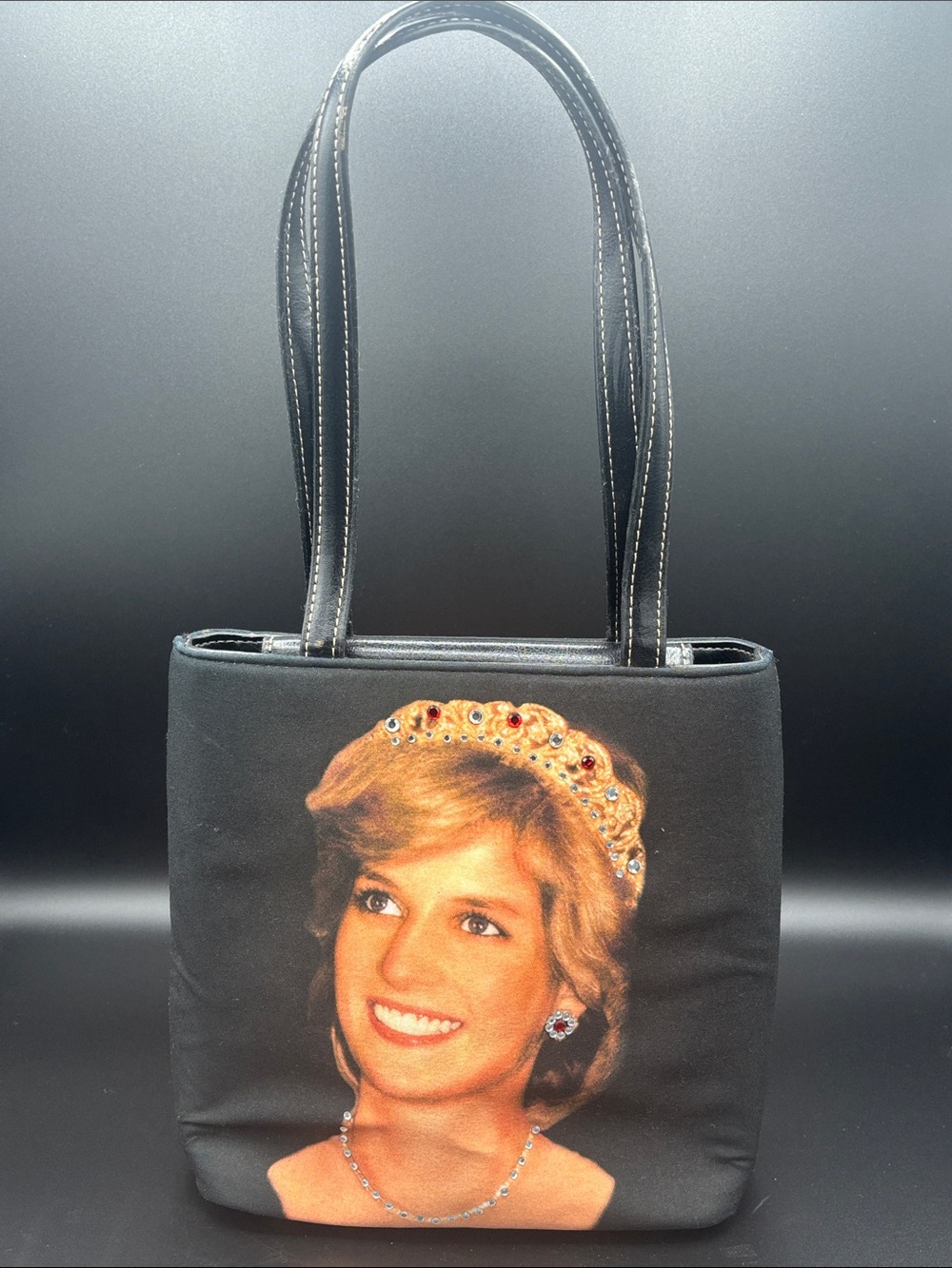 Rare Princess Diana Y2K Black Mini Shoulder Bag with Jeweled Crown Portrait